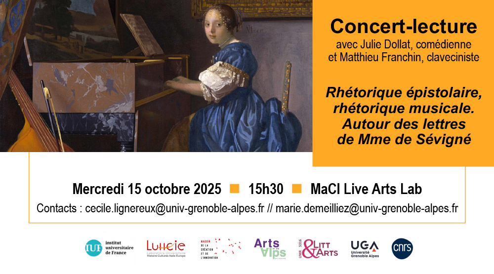 Affiche du spectable avec Johannes Vermeer, Jeune femme assise au virginal, vers 1671-1674. Huile sur toile. 51,5 x 45,5 cm. Wikipédia