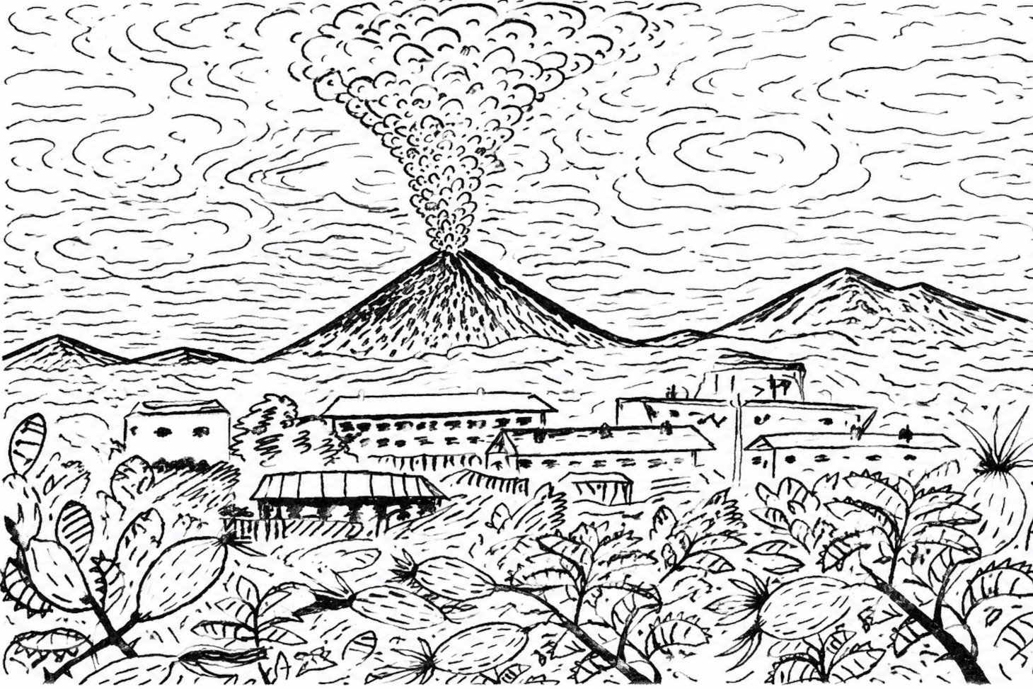DESSIN QUI MONTRE UN VOLCAN EN IRRUPTION AVEC DES MAISONS A SES PIEDS