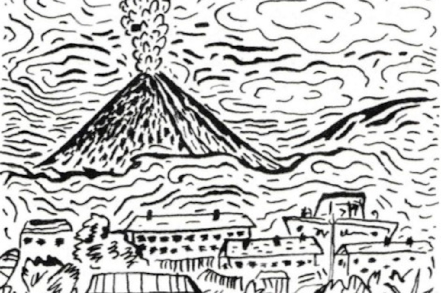 DESSIN QUI MONTRE UN VOLCAN EN IRRUPTION AVEC DES MAISONS A SES PIEDS